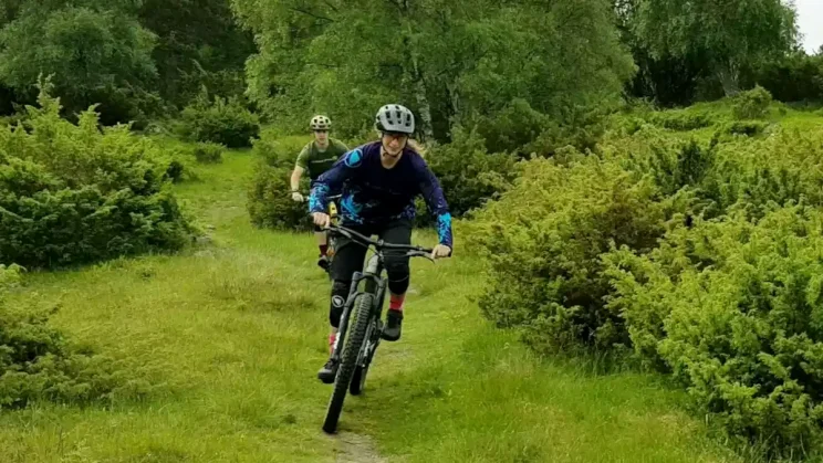 two mountain bikers riding between juniper bushes and woodland